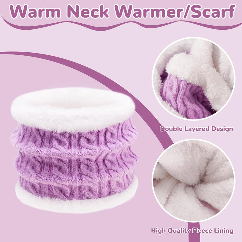 FENELY Girls Winter Hat Scarf Gloves Set for Cold Weather, Kids Beanie Hat Infinity Scarf Knitted Gloves Sets Purple Knit Thick Warm Fleece Lined Thermal Set for 6-10 Years Old Boy Baby Toddler Children - Image 5